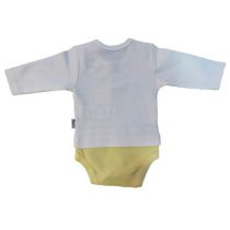 این لباس شیک و زیبا که برای نوزادان عزیز طراحی شده است که از رنگ سفید وزرد طرح خانه و خورشید کیوت برخوردار است